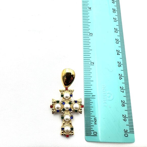 Womens Cross Earrings Rhinestone Faux Pearl Gold Plated Pierced Chandelier - Picture 4 of 8